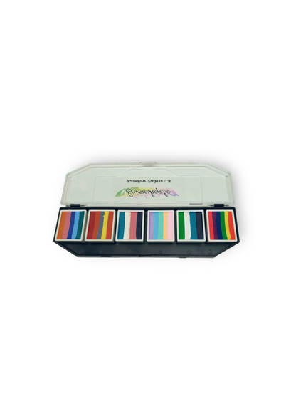 Splitstroke splitcake onestroke AQ Schmink regenboog palet Grimeshop MiKimFX BV uit Wielsbeke Ateljee G Kindergrime Glittertattoos Workshop Webshop uit Dendermonde