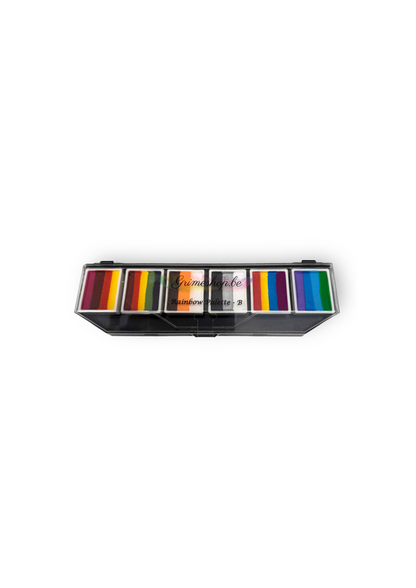 Splitstroke splitcake onestroke AQ Schmink regenboog palet Grimeshop MiKimFX BV uit Wielsbeke Ateljee G Kindergrime Glittertattoos Workshop Webshop uit Dendermonde